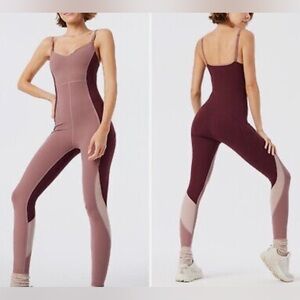 Outdoor Voices Taupe Maroon ZOOM FULL LENGTH BODYSUIT Jumpsuit Size Medium